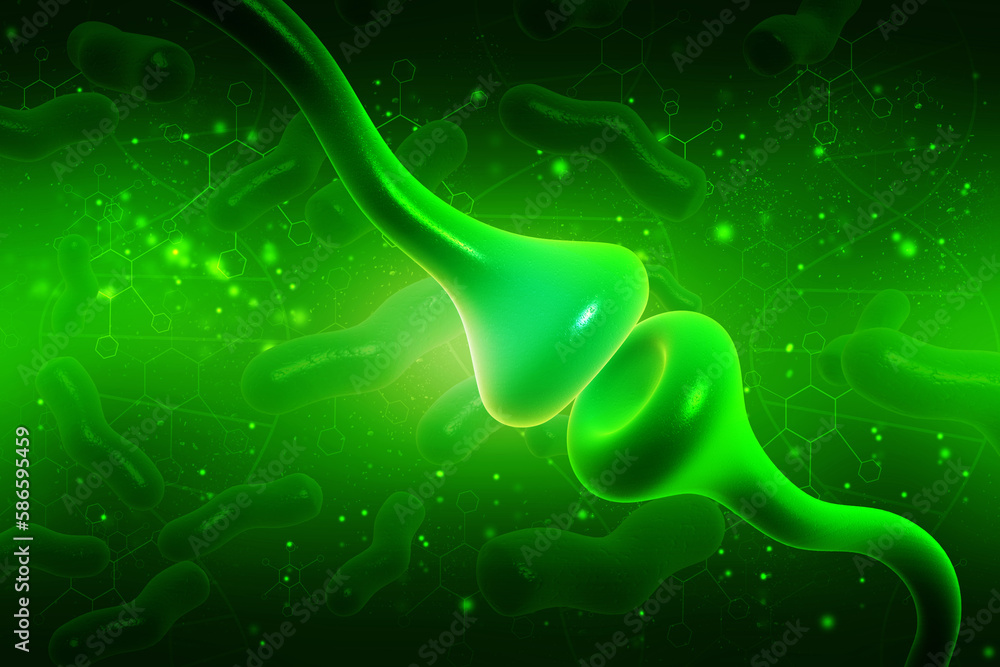 Poster 3d rendering synapse and neuron cells sending electrical chemical signals