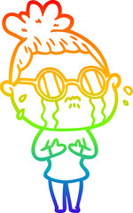 rainbow gradient line drawing cartoon crying woman wearing dark glasses
