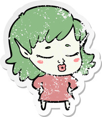 distressed sticker of a pretty cartoon elf girl