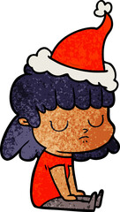 textured cartoon of a indifferent woman wearing santa hat