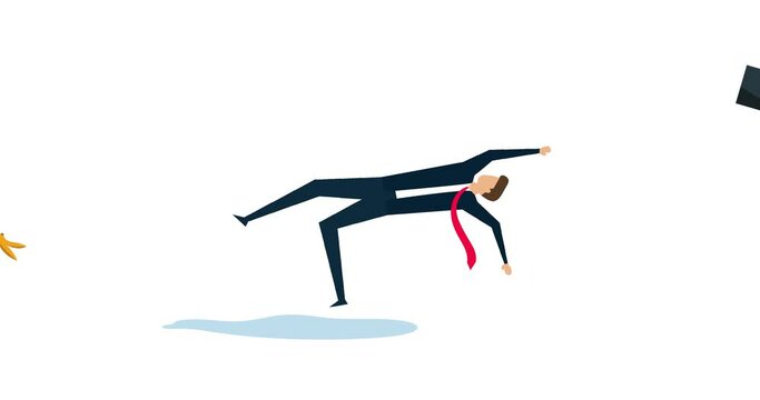4k Business mistake or accident, insurance animation. businessman running and slipping with big banana peels on the ground.
