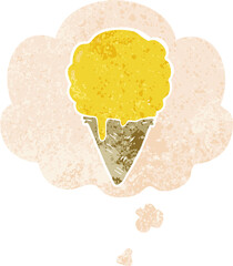 cartoon ice cream and thought bubble in retro textured style