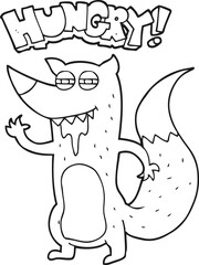 black and white cartoon hungry wolf