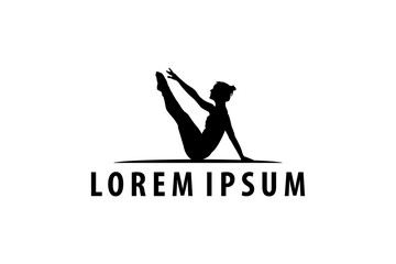 Sitting Pose Pilates Woman Silhouette, Girl with Beauty Body Hair and Face at exercise gym logo design