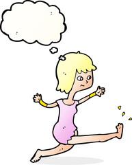 cartoon happy woman kicking with thought bubble