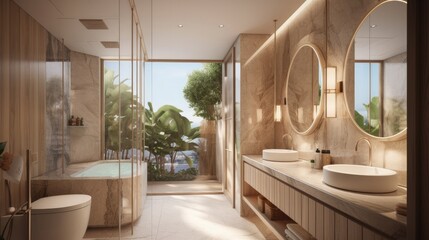 Fototapeta premium home interior design concept nature brown material colour material scheme master bathroom interior design background, image ai generate
