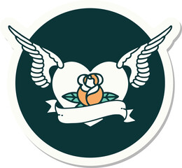 tattoo style sticker of a flying heart with flowers and banner