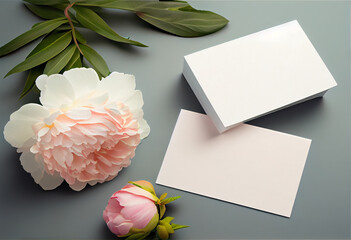 Mockup invitation, blank paper greeting card, pink envelope and peonies, AI Generated
