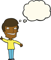 cartoon grinning man with idea with thought bubble