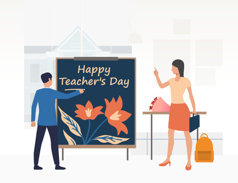 Student painting picture for teachers day vector illustration. Cartoon drawing of schoolboy making present for female teacher in classroom. Education, teacher day, celebration concept