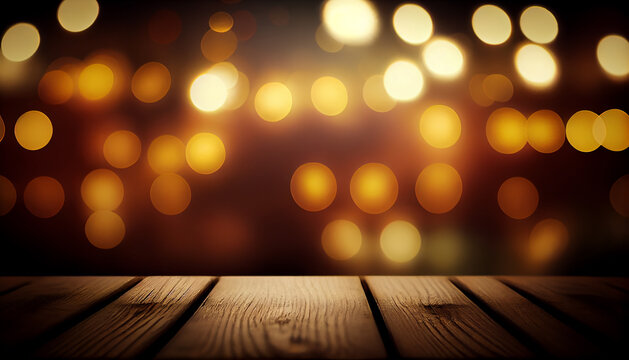 Empty wood table on blur light gold bokeh Ai generated image