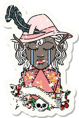 crying elf bard character face with natural one d20 dice roll illustration