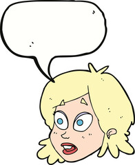 cartoon female face with surprised expression with speech bubble
