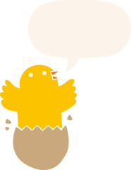 cartoon hatching bird and speech bubble in retro style