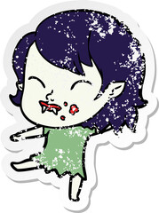 distressed sticker of a cartoon vampire girl with blood on cheek