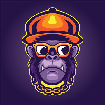 Monkey ape mascot head with cap hat and chain