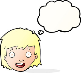 cartoon happy female face with thought bubble