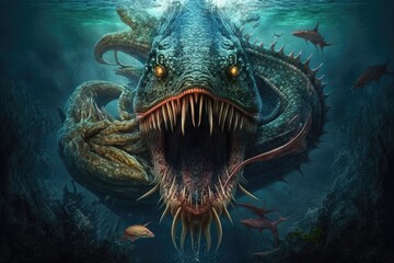 A large, aquatic creature with the head of a crocodile and sharp teeth Generative AI
