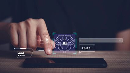 Chat with Ai or Artificial Intelligence tech concept. Businessman show virtual AI brain smart...
