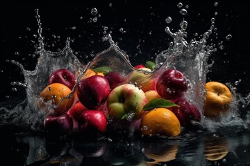 Fototapeta na wymiar Fresh Fruit splash and submerge under water, summer banner, summer fruits, created with generative ai