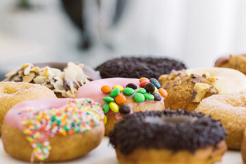 Horizontal shot of donuts with different toppings.