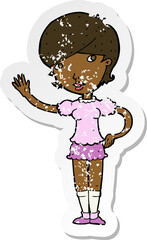 retro distressed sticker of a cartoon girl waving