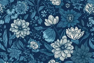 Badkamer foto achterwand blue and white flower pattern on a blue background. Generative AI © AkuAku