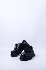 Woman's lacquered loafer shoes on the white background.