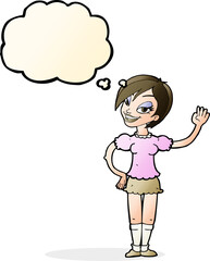 cartoon waving woman with thought bubble