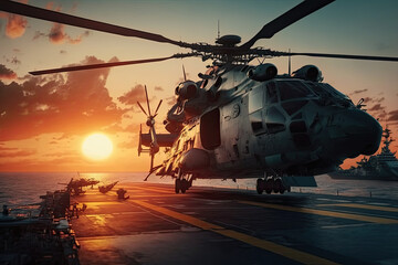 Fototapeta na wymiar Military helicopter on warship board at sunset. Navy helicopter on board the aircraft carrier in the sea. Created with Generative AI