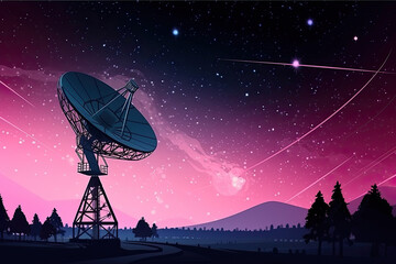 Radio telescope at starry night. Antenna for of space signals research. Space observatory. Created with Generative AI