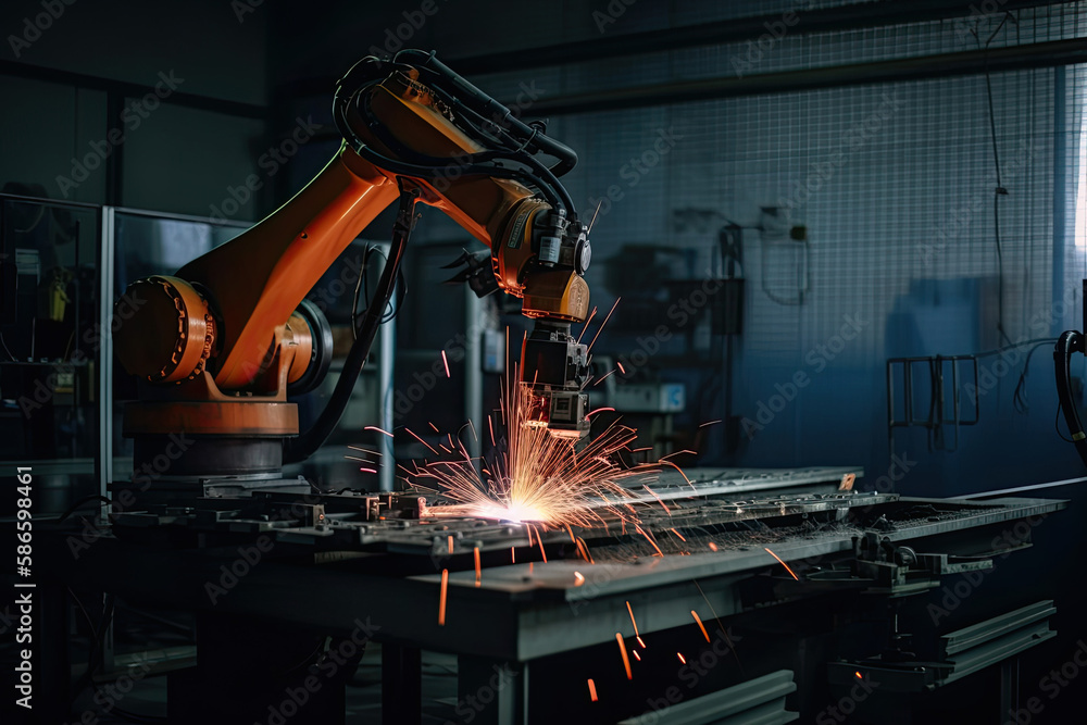 Poster robotic arm works on welding. conveyor line at factory. automatic welding. created with generative a