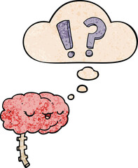 cartoon curious brain and thought bubble in grunge texture pattern style