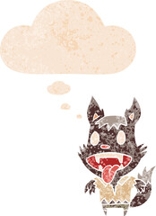 cartoon werewolf and thought bubble in retro textured style