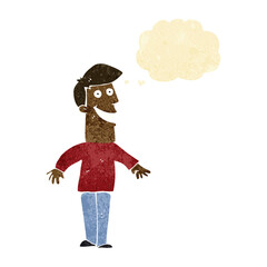 cartoon grinning man with thought bubble
