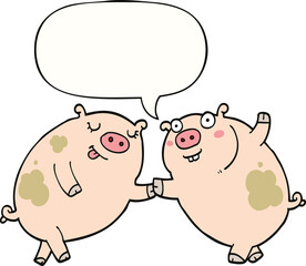 cartoon pigs dancing and speech bubble