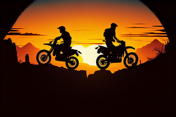 Plakat Silhouette of a sports motorbike on a mountainous area at sunset. AI Generated