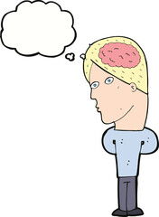 cartoon man with big brain with thought bubble