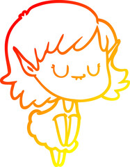 warm gradient line drawing happy cartoon elf girl wearing dress