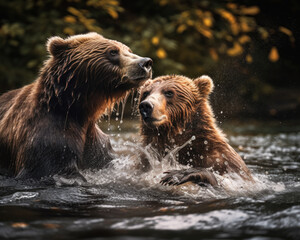 Two brown bears swimming in the river. Wild animals in the splashes of water. Blurred nature backdrop. Generative AI.