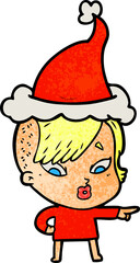 textured cartoon of a surprised girl pointing wearing santa hat