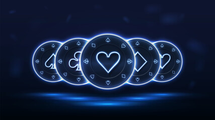 Neon casino chips with logos: spades, hearts, diamonds, crosses.