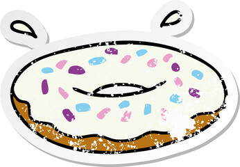 distressed sticker cartoon doodle of an iced ring donut