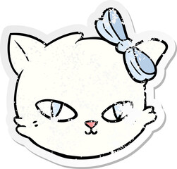 distressed sticker of a cartoon cat wearing bow