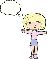 cartoon girl pointing with thought bubble