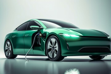 Obraz na płótnie Canvas green ecofriendly electric car charging isolated on white background. Generative AI