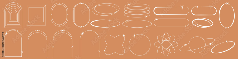 Poster Modern minimalist aesthetic linear frames. Stars, starburst icons and minimalist frames and borders with twinkle star. Frame figures with sparkles. Vector illustration EPS 10