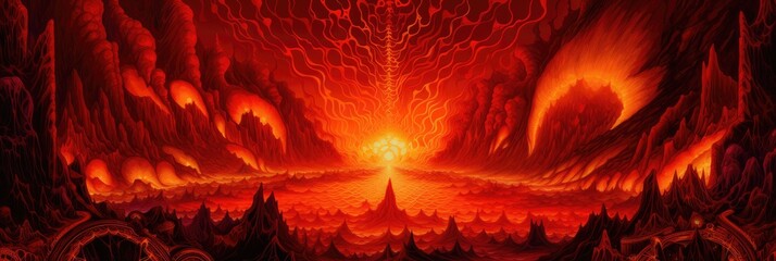 Searing hot landscape of volcanoes and ever burning brimstone hell, otherworldly fiery sun that never sets over this apocalyptic oceans of lava damned realm - generative AI - obrazy, fototapety, plakaty