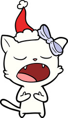 line drawing of a cat meowing wearing santa hat