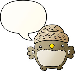 cute cartoon owl in hat and speech bubble in smooth gradient style